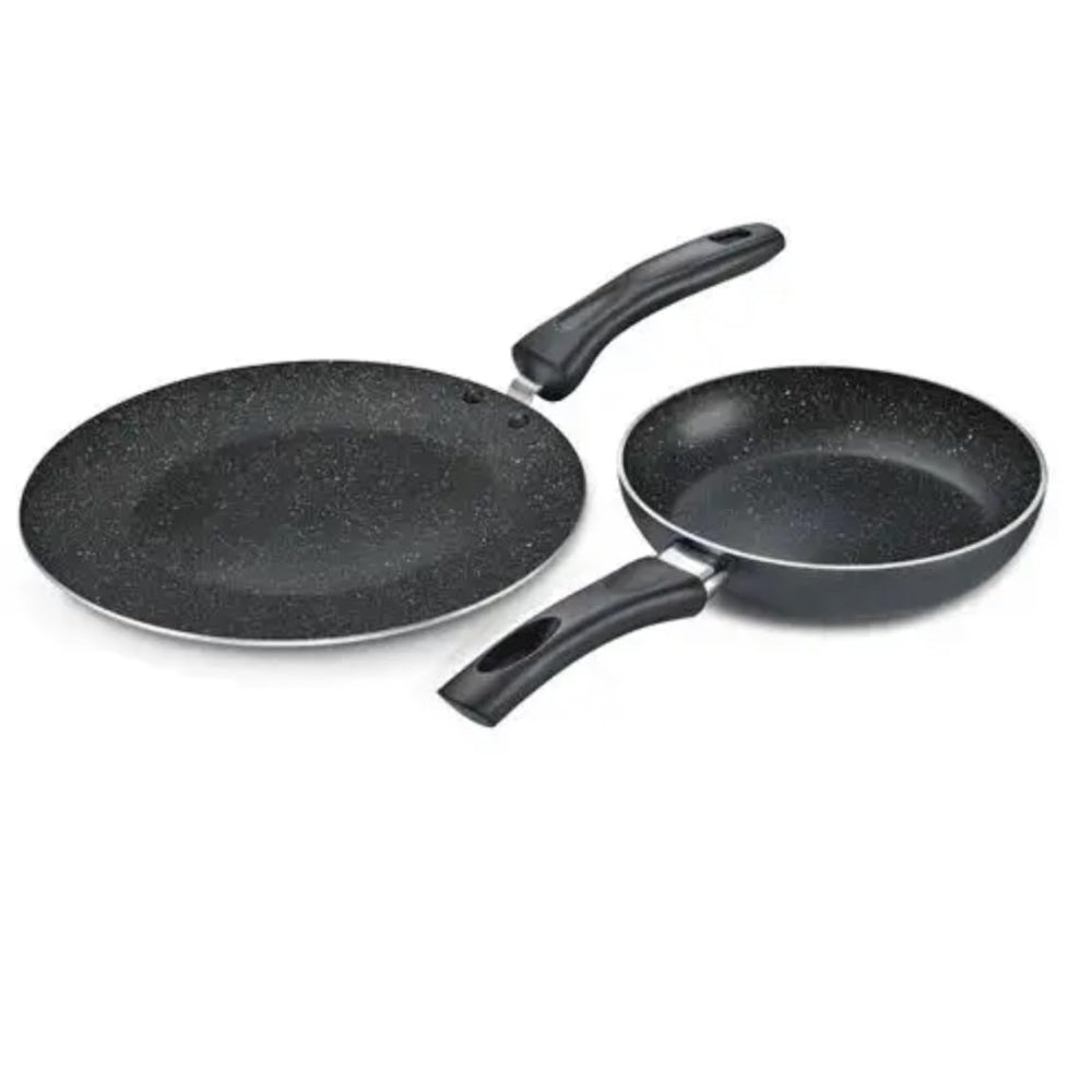 Prestige Omega Deluxe Granite Non-Stick Cookware Set - Concave Tawa + Fry Pan | Gas & Induction Compatible | Black | Set of 2 Pcs
