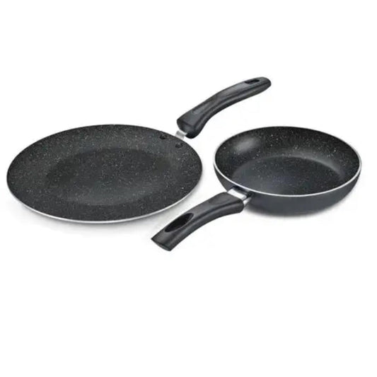 Prestige Omega Deluxe Granite Non-Stick Cookware Set - Concave Tawa + Fry Pan | Gas & Induction Compatible | Black | Set of 2 Pcs