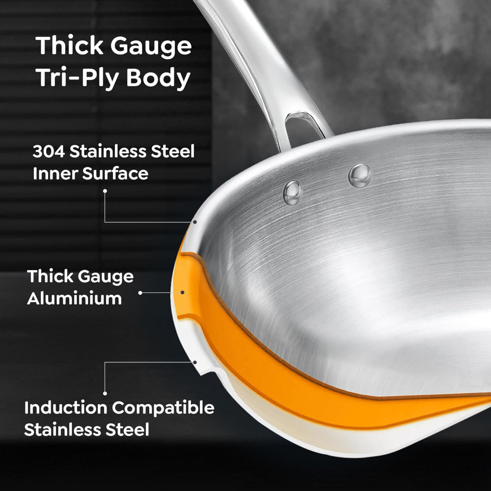 Prestige Tri-Ply Stainless Steel Splendid Fry Pan with Lid | Gas & Induction Compatible | Silver