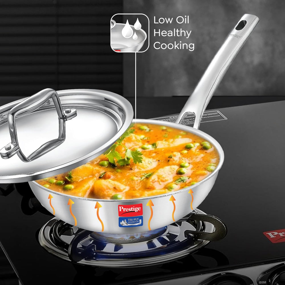 Prestige Tri-Ply Stainless Steel Splendid Fry Pan with Lid | Gas & Induction Compatible | Silver