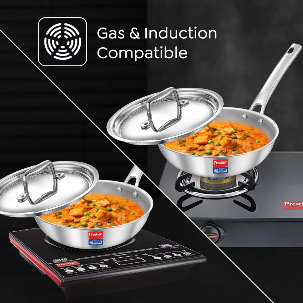 Prestige Tri-Ply Stainless Steel Splendid Fry Pan with Lid | Gas & Induction Compatible | Silver