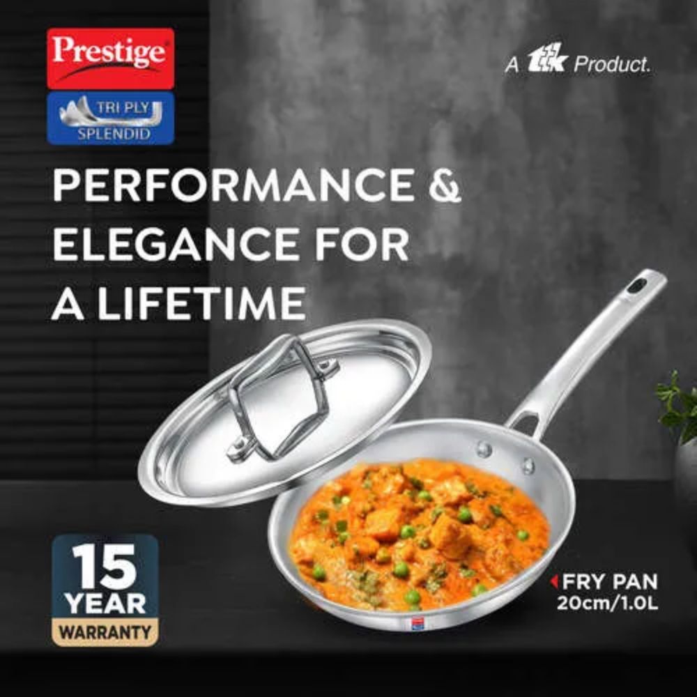 Prestige Tri-Ply Stainless Steel Splendid Fry Pan with Lid | Gas & Induction Compatible | Silver