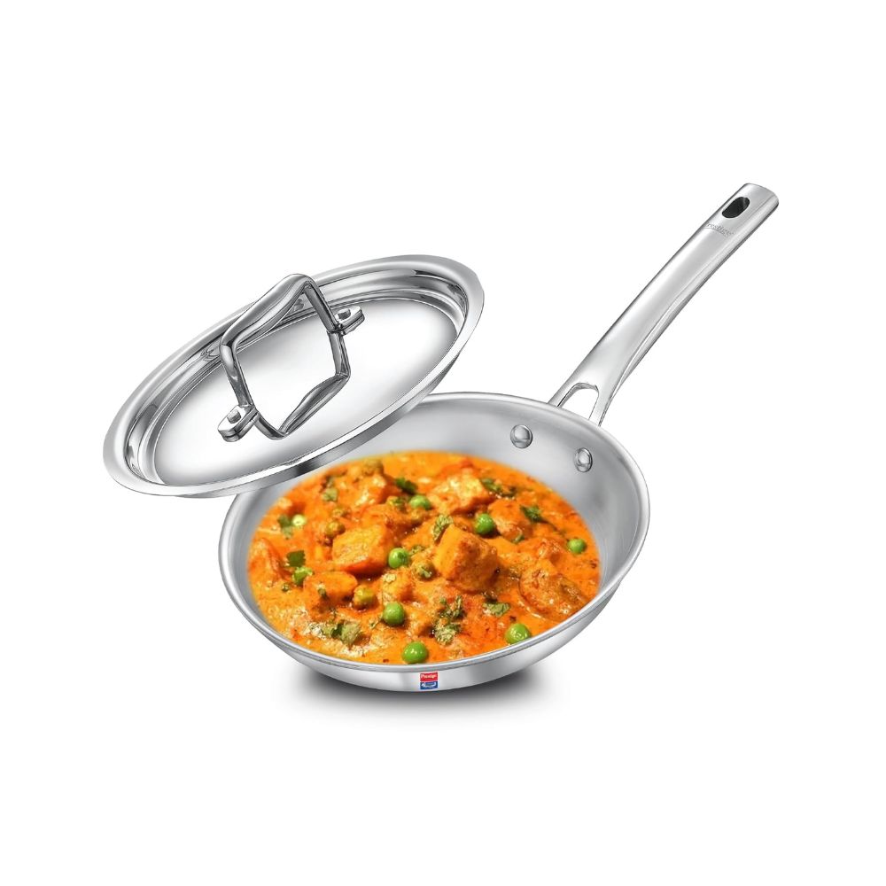 Prestige Tri-Ply Stainless Steel Splendid Fry Pan with Lid | Gas & Induction Compatible | Silver