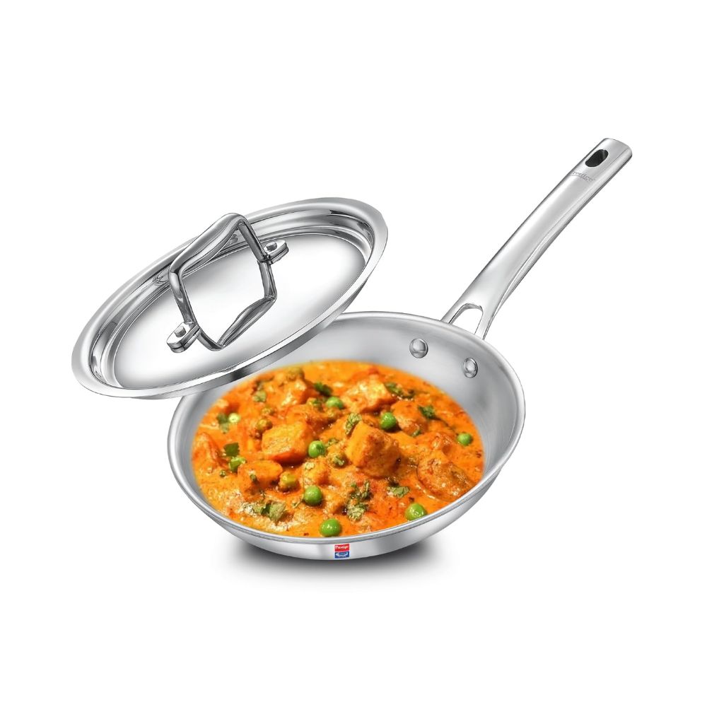 Prestige Tri-Ply Stainless Steel Splendid Fry Pan with Lid | Gas & Induction Compatible | Silver