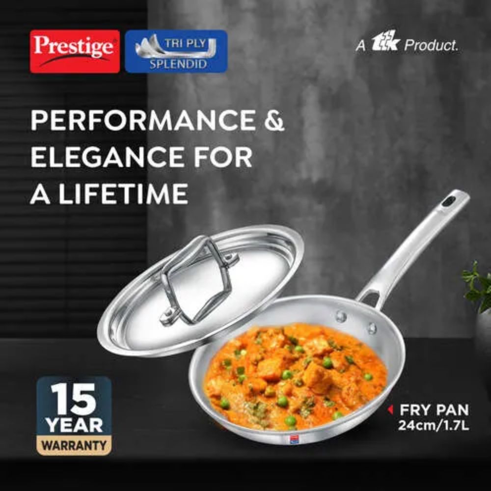 Prestige Tri-Ply Stainless Steel Splendid Fry Pan with Lid | Gas & Induction Compatible | Silver