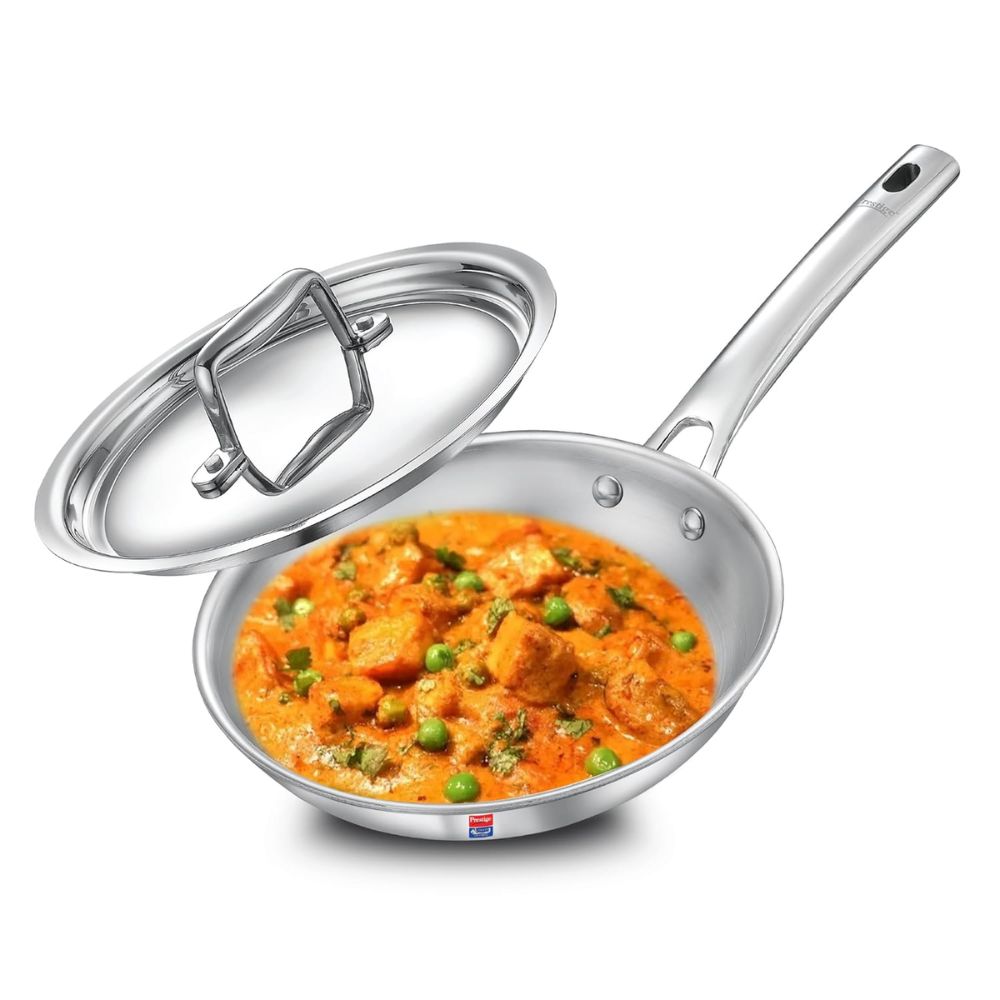 Prestige Tri-Ply Stainless Steel Splendid Fry Pan with Lid | Gas & Induction Compatible | Silver
