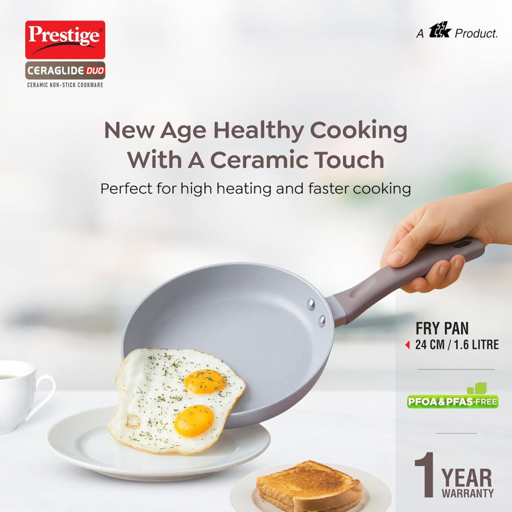 Prestige Ceraglide Duo Ceramic Coating Non Stick Aluminium Fry Pan | Gas & Induction Compatible | Grey
