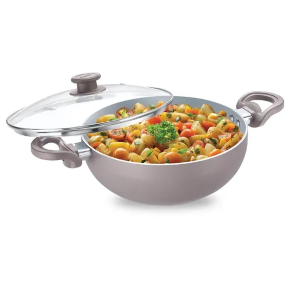 Prestige Ceraglide Duo Ceramic Coating Non Stick Aluminium Deep Kadhai | Gas & Induction Compatible | Grey