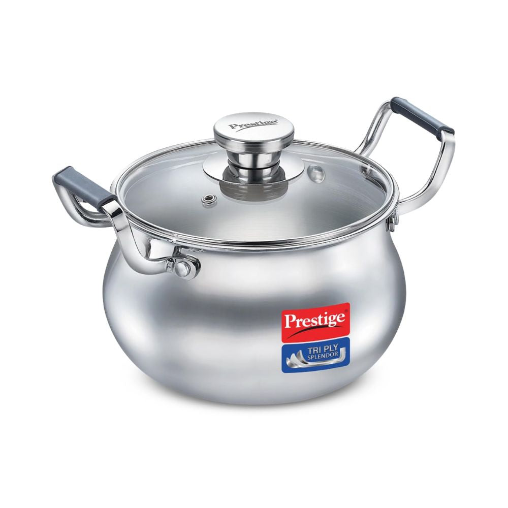 Prestige Tri-Ply Stainless Steel Splendor Handi with Glass Lid | Gas & Induction Compatible | Silver