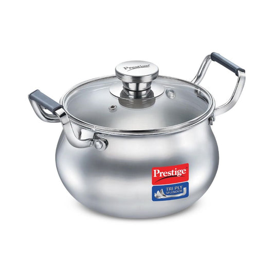 Prestige Tri-Ply Stainless Steel Splendor Handi with Glass Lid | Gas & Induction Compatible | Silver