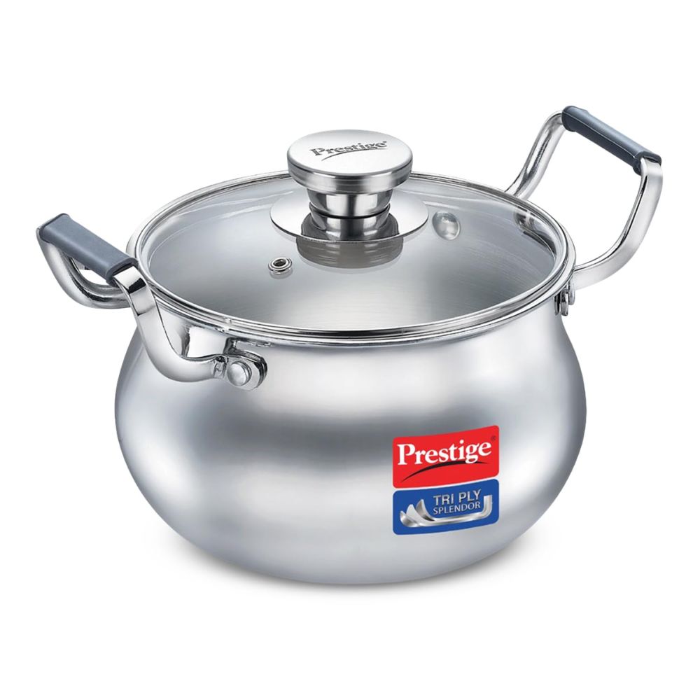 Prestige Tri-Ply Stainless Steel Splendor Handi with Glass Lid | Gas & Induction Compatible | Silver