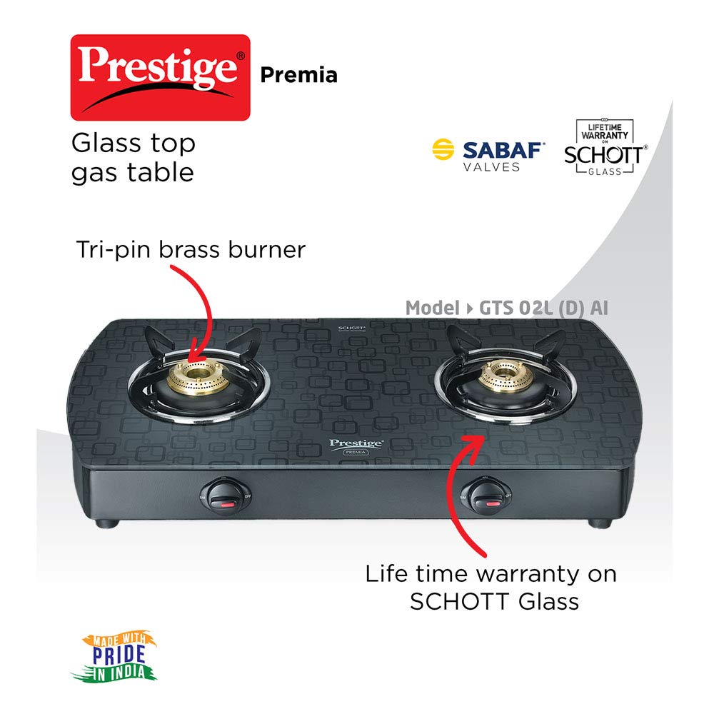 Prestige Premia Schott Glass Top GTS 02L (D) Gas Stove | Black