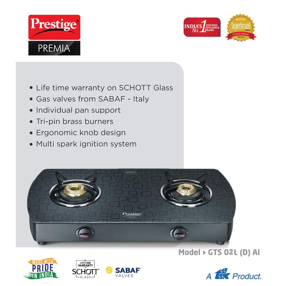 Prestige Premia Schott Glass Top GTS 02L (D) Gas Stove | Black