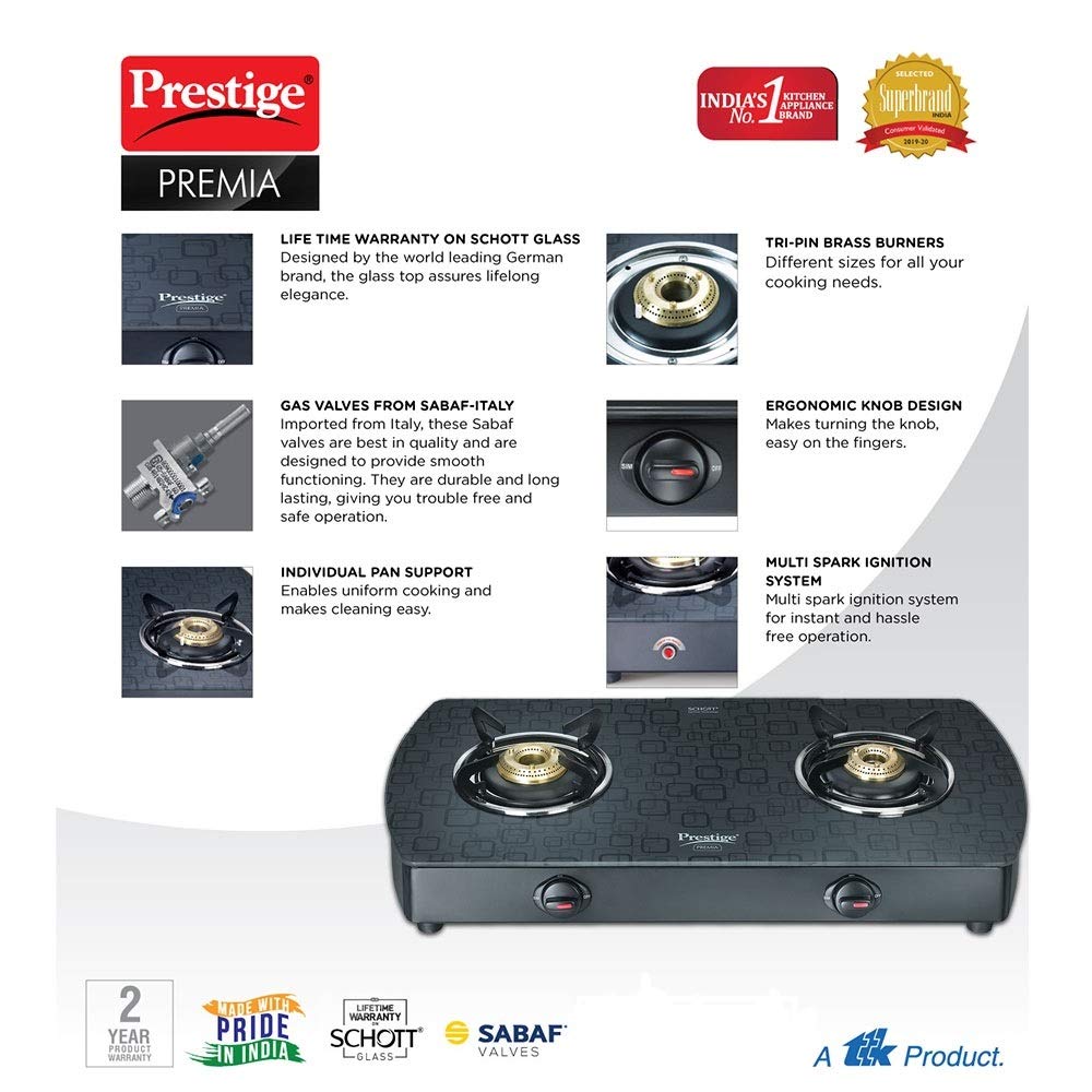 Prestige Premia Schott Glass Top GTS 02L (D) Gas Stove | Black