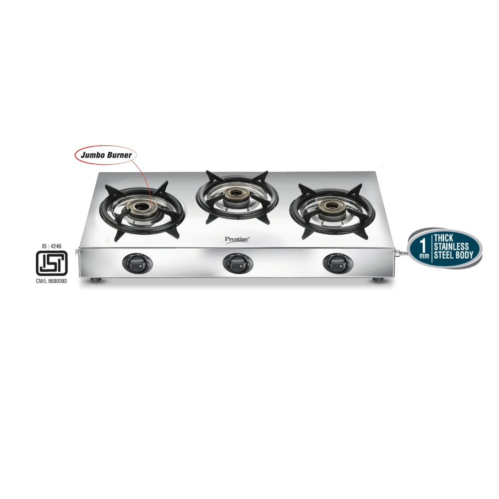 Prestige Perfect Plus Stainless Steel 3 burner Gas Stove | Silver