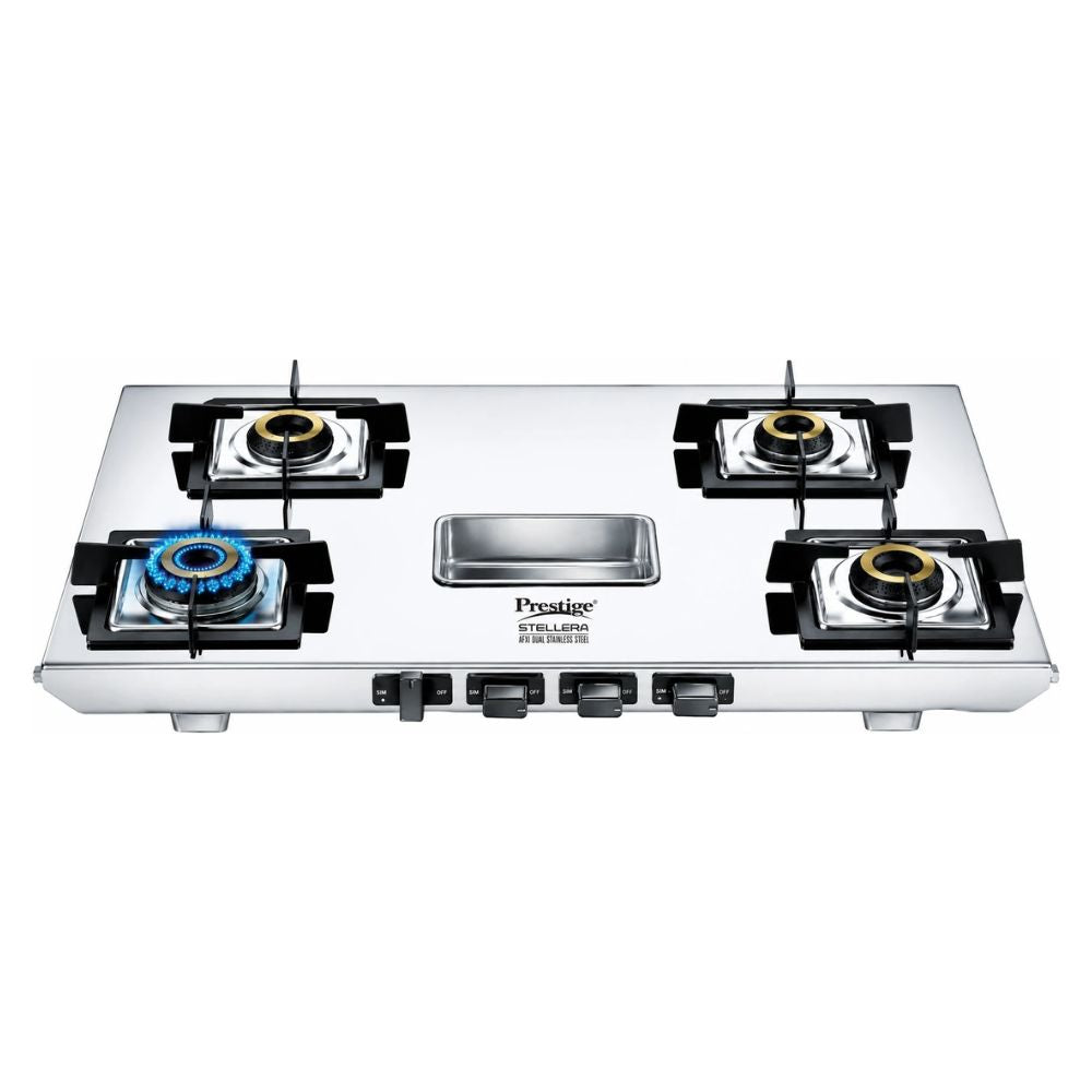 Prestige Stellora 4 Burner Stainless Steel Gas Stove | Wind Guard Pan Support | Silver