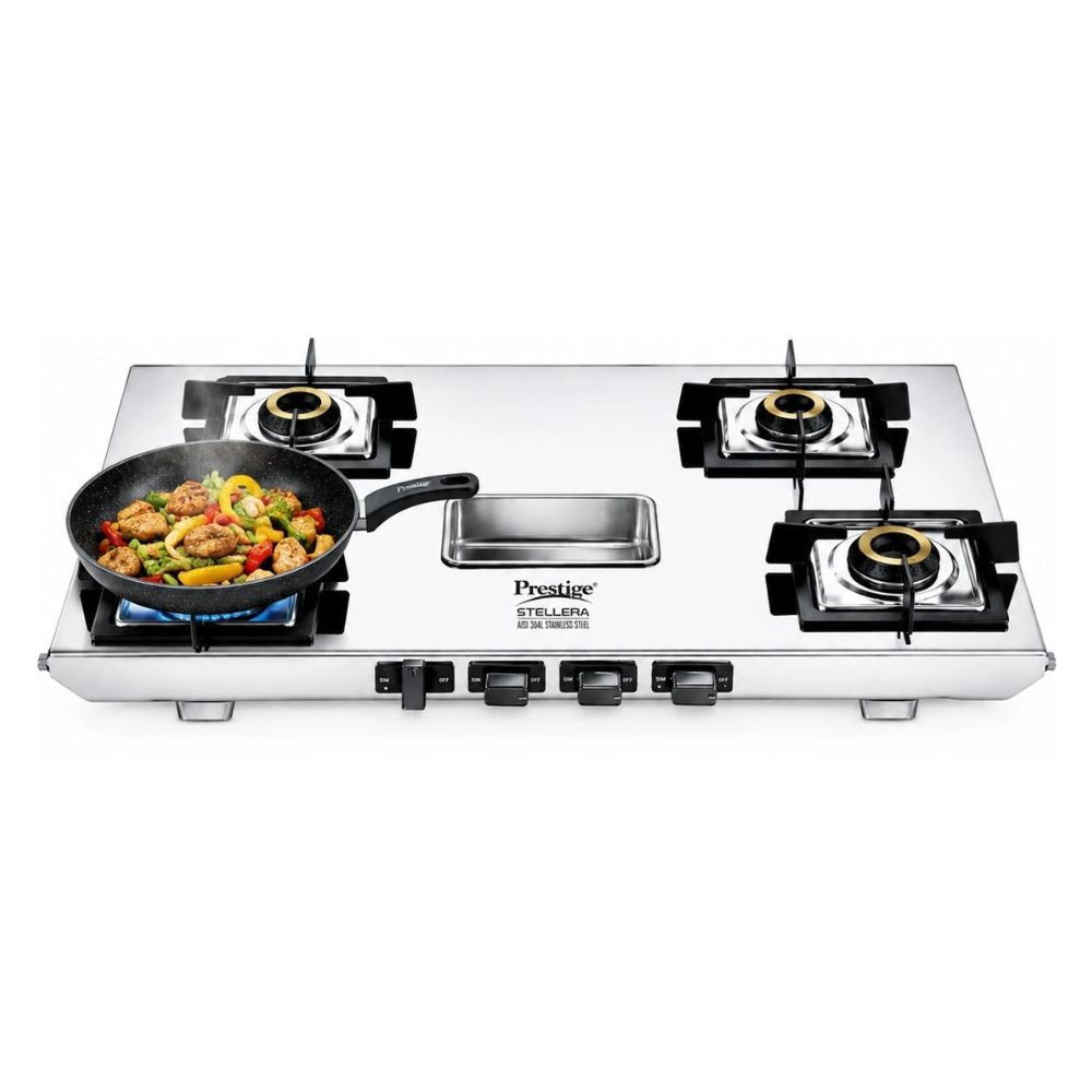 Prestige Stellora 4 Burner Stainless Steel Gas Stove | Wind Guard Pan Support | Silver