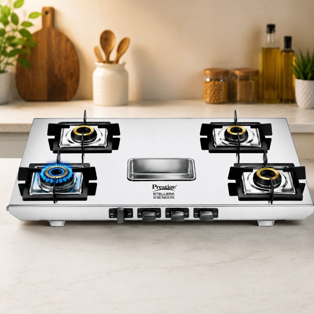 Prestige Stellora 4 Burner Stainless Steel Gas Stove | Wind Guard Pan Support | Silver