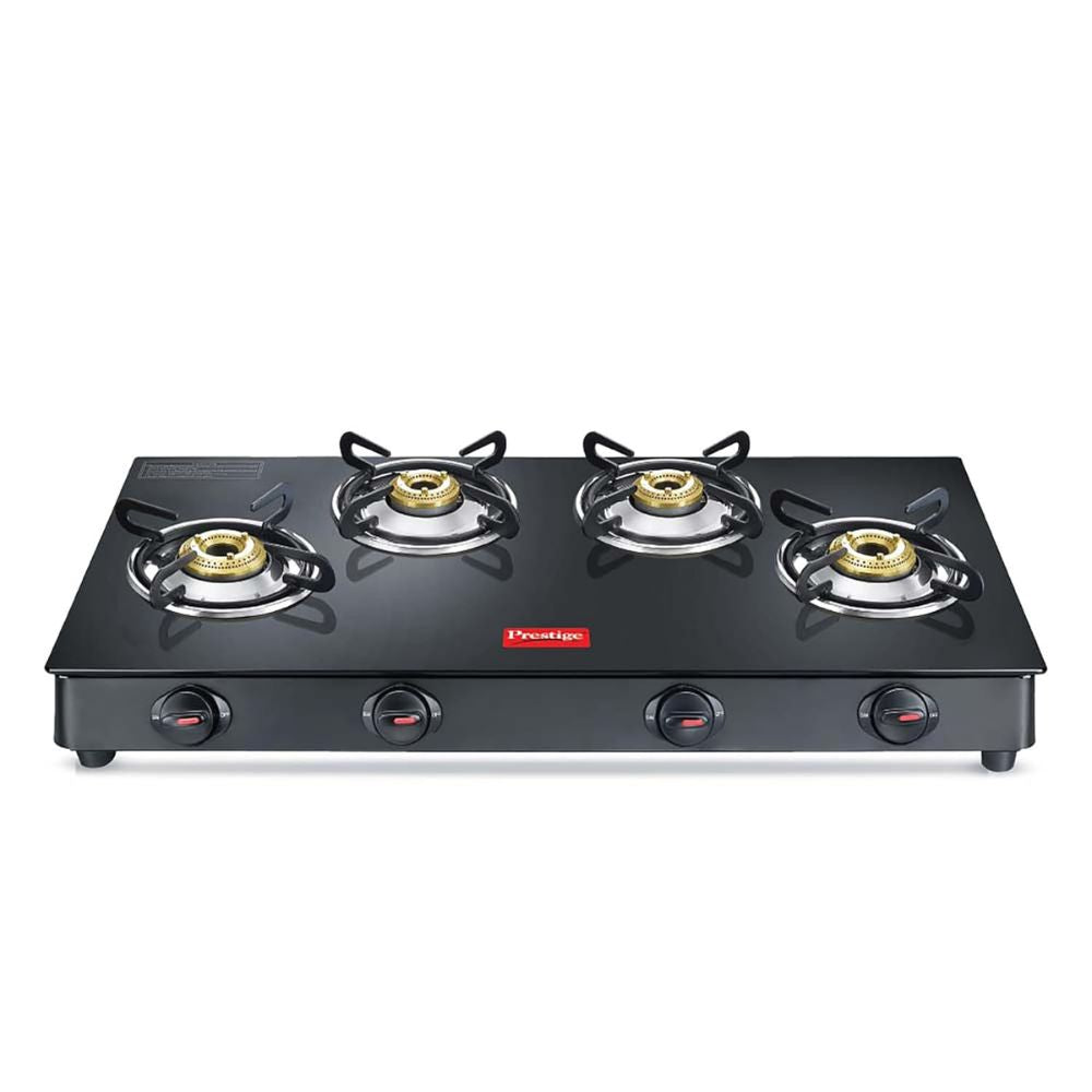 Prestige Magic Plus 4 Burner Powder Coated Toughened Glass Top LP Gas Stove | Black