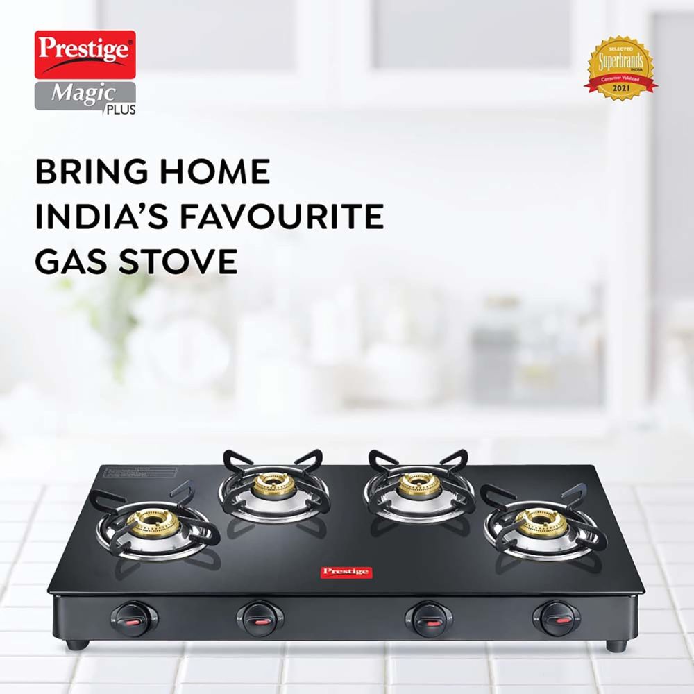 Prestige Magic Plus 4 Burner Powder Coated Toughened Glass Top LP Gas Stove | Black