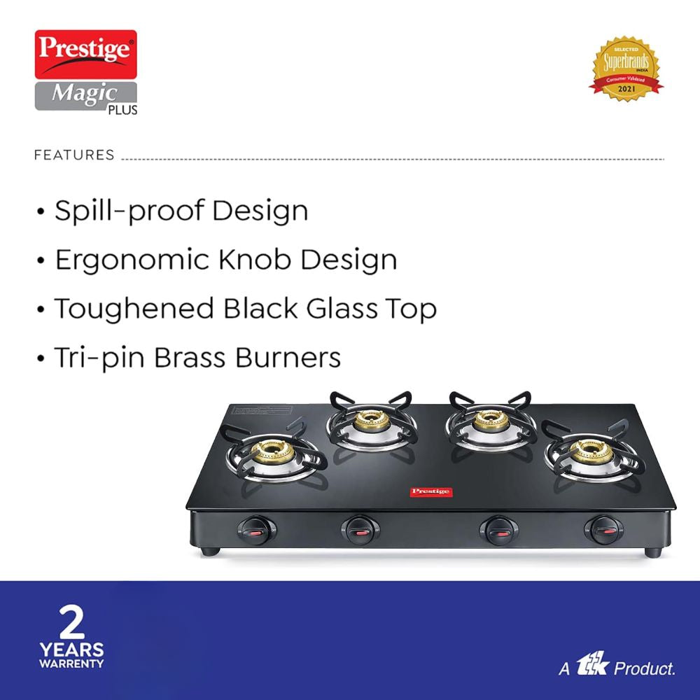 Prestige Magic Plus 4 Burner Powder Coated Toughened Glass Top LP Gas Stove | Black