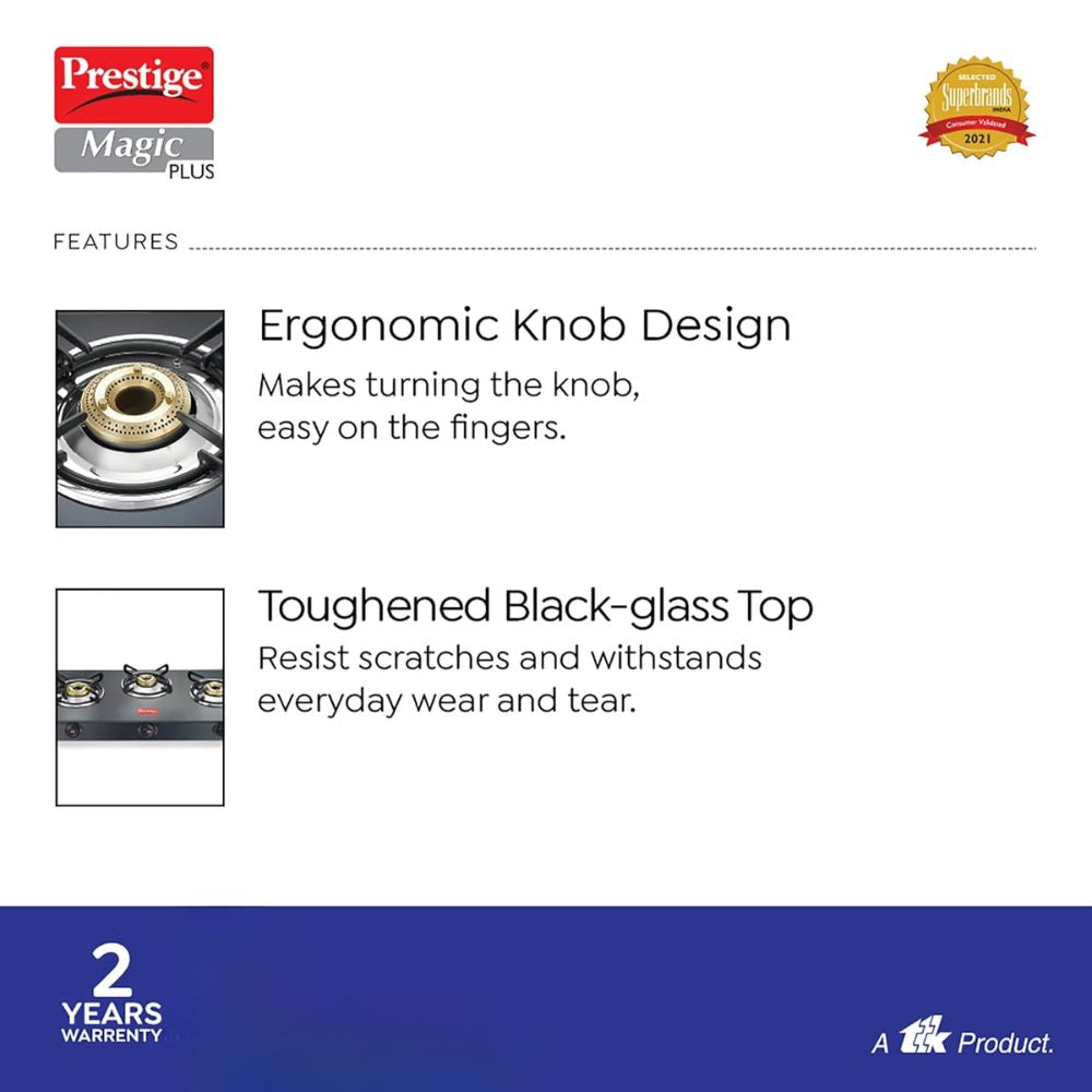Prestige Magic Plus 4 Burner Powder Coated Toughened Glass Top LP Gas Stove | Black