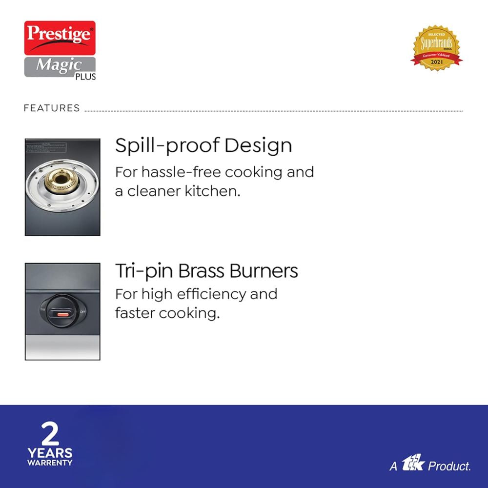 Prestige Magic Plus 4 Burner Powder Coated Toughened Glass Top LP Gas Stove | Black