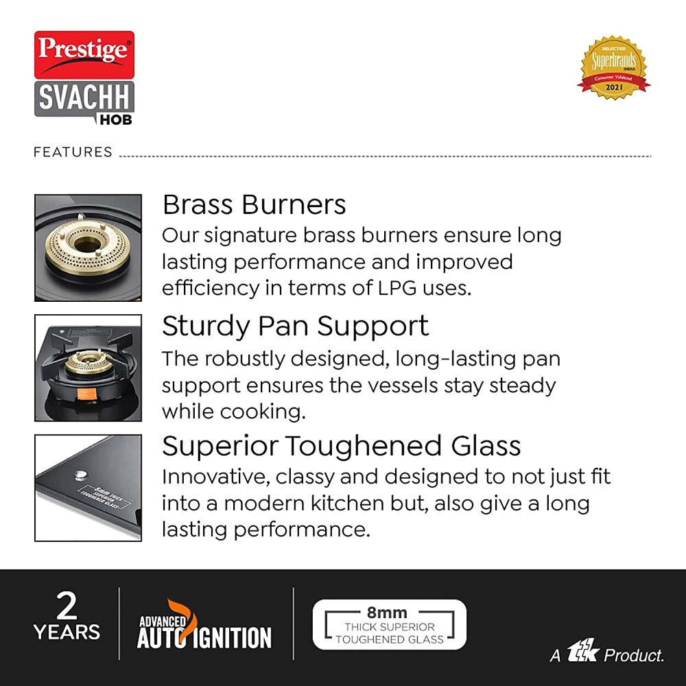 Prestige Svachh PSVH 02 Toughened Glass Top Hobtop with Liftable Burner Set | Auto Multi Spark Ignition | Black