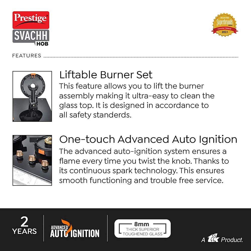 Prestige Svachh PSVH 02 Toughened Glass Top Hobtop with Liftable Burner Set | Auto Multi Spark Ignition | Black
