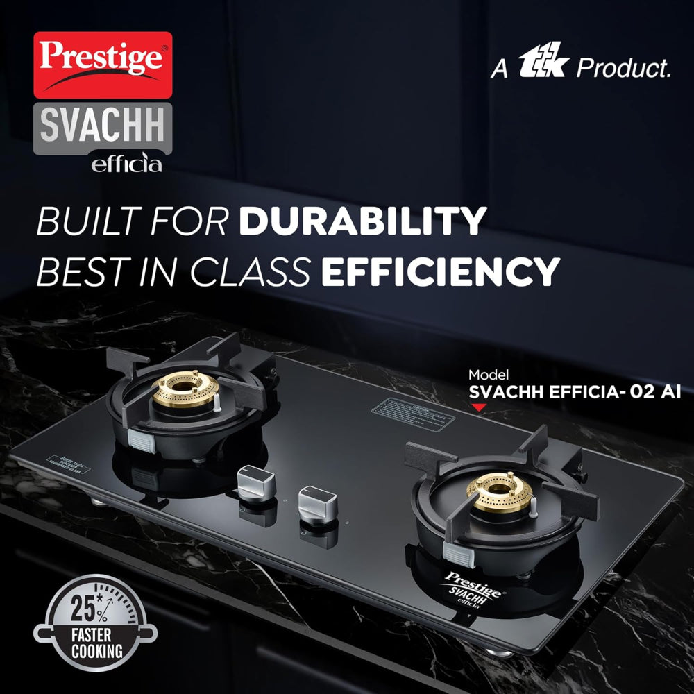 Prestige Svachh Efficia 02 AI Toughened Glass Top Hob | Multi Spark Ignition System | Black