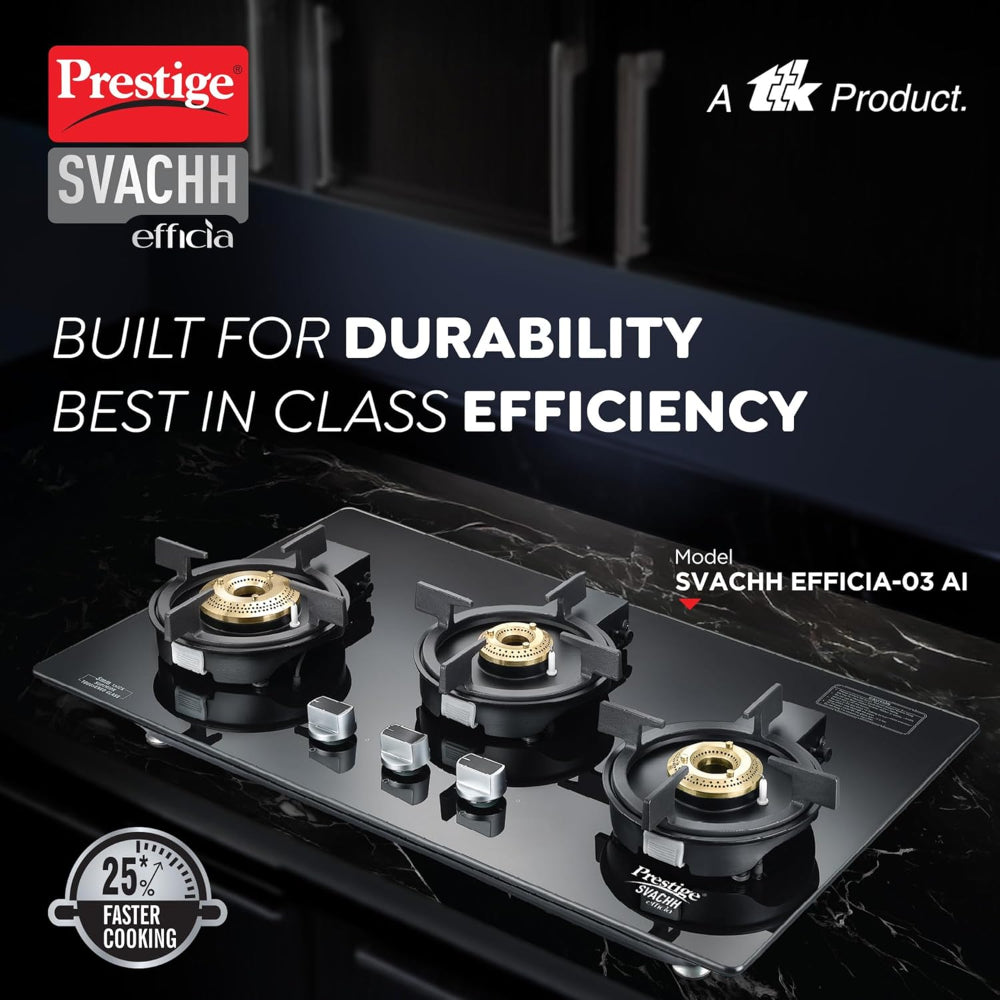 Prestige Svachh Efficia 03 AI Toughened Glass Top Hob | Multi Spark Ignition System | Black