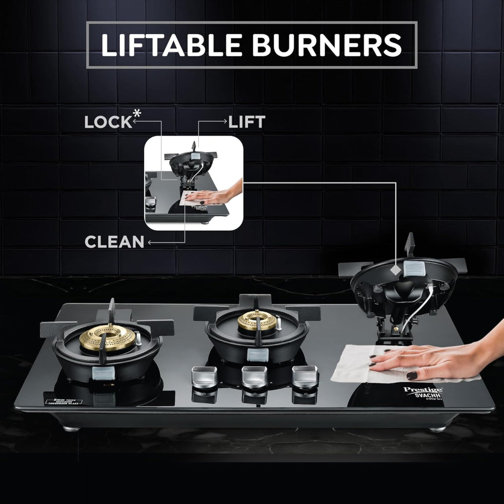 Prestige Svachh Efficia 03 AI Toughened Glass Top Hob | Multi Spark Ignition System | Black
