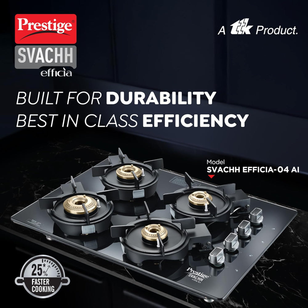 Prestige Svachh Efficia 04 AI Toughened Glass Top Hob | Multi Spark Ignition System | Black