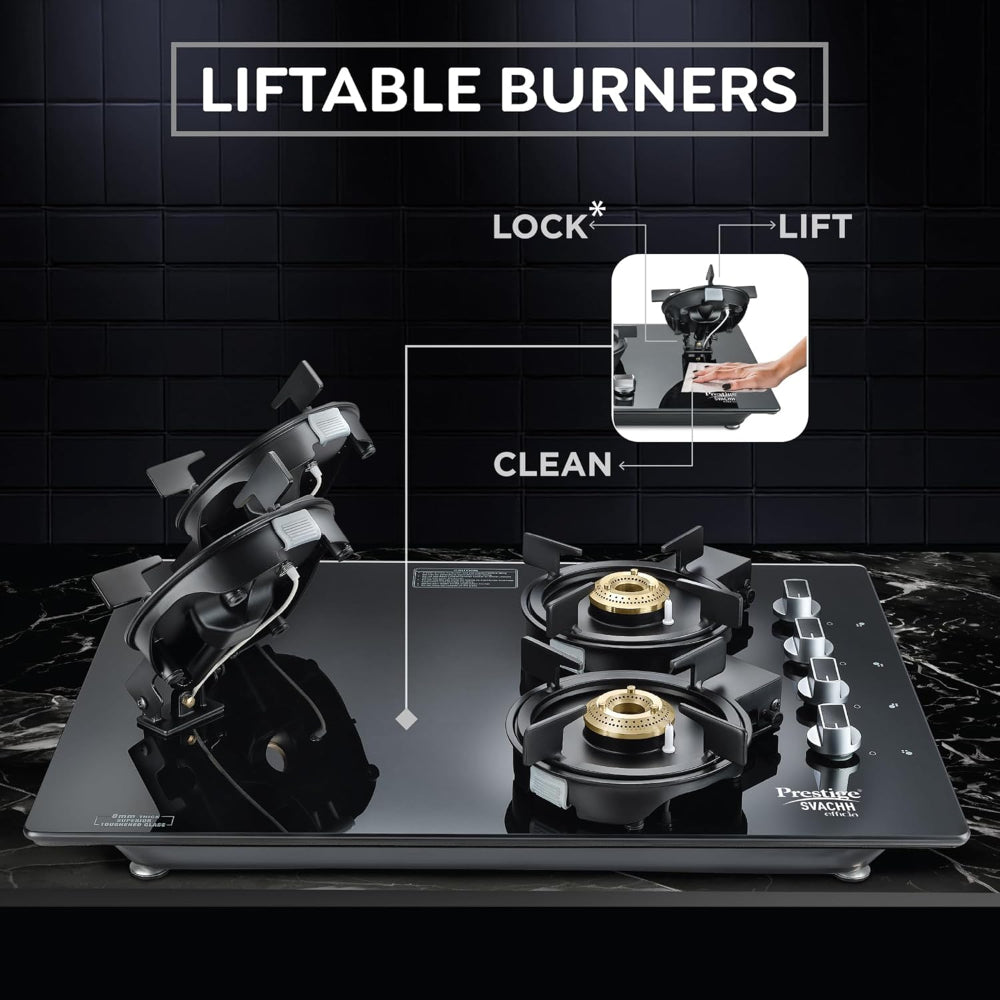 Prestige Svachh Efficia 04 AI Toughened Glass Top Hob | Multi Spark Ignition System | Black