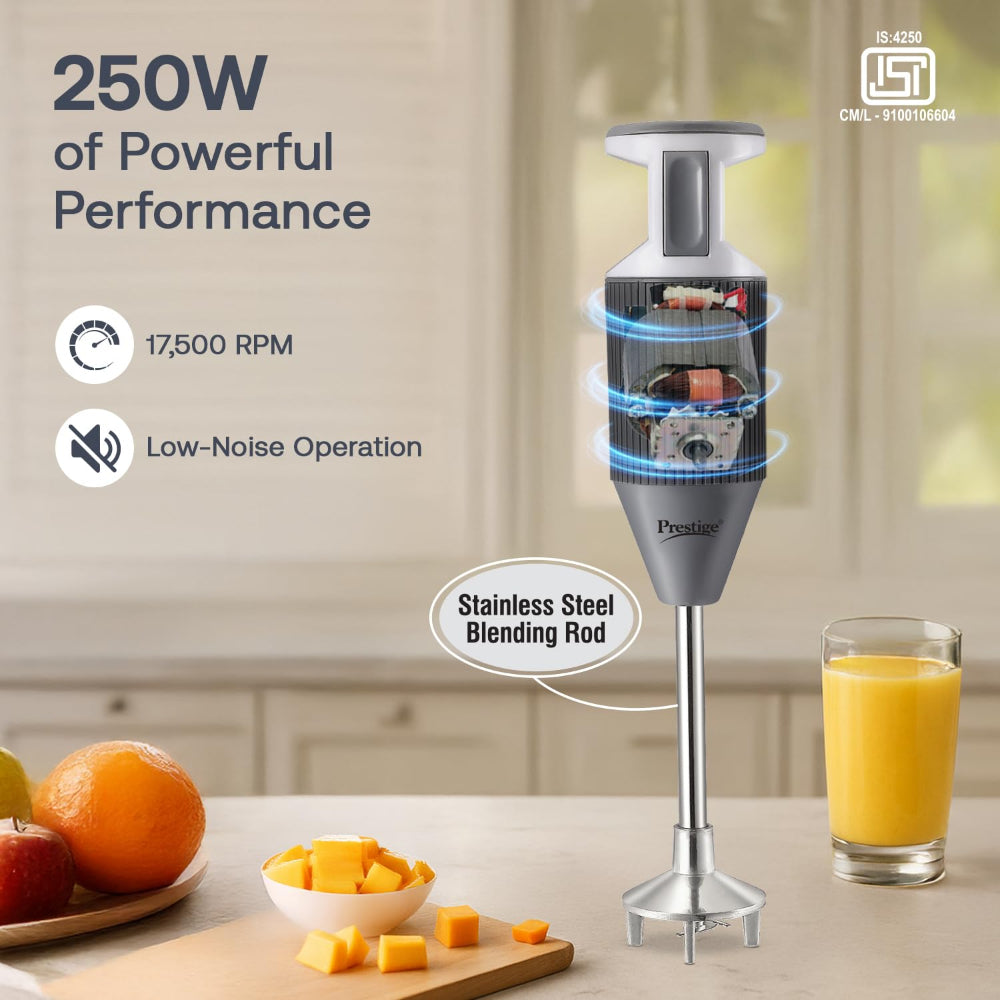 Prestige Blend X 250 Watts Electric Hand Blender | Dual Hot & Cold blending | Grey & White