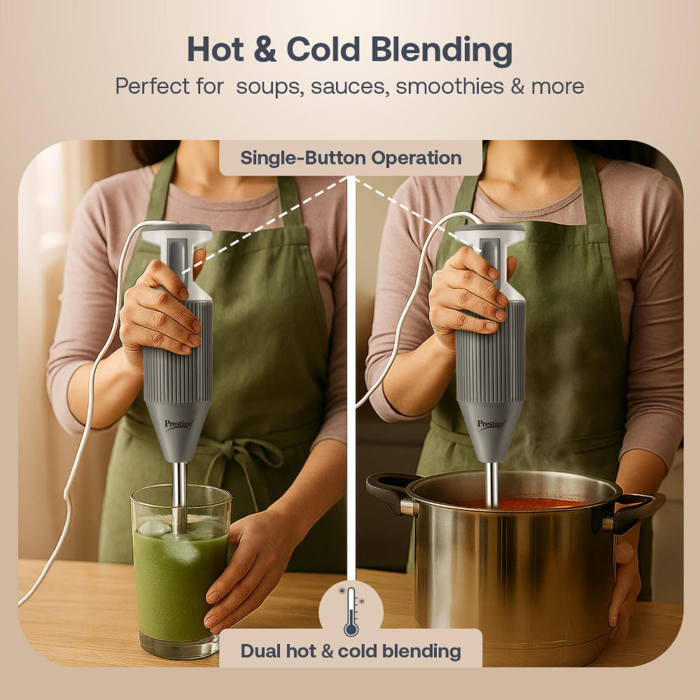Prestige Blend X 250 Watts Electric Hand Blender | Dual Hot & Cold blending | Grey & White