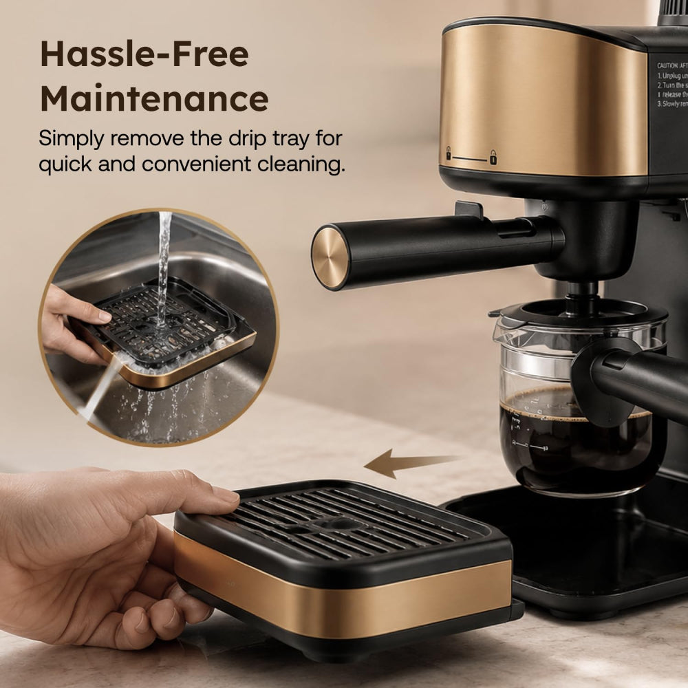 Prestige Espresso 800 Watts Coffee Maker | Detachable Drip Tray | Built-In Milk Frother | Black & Gold