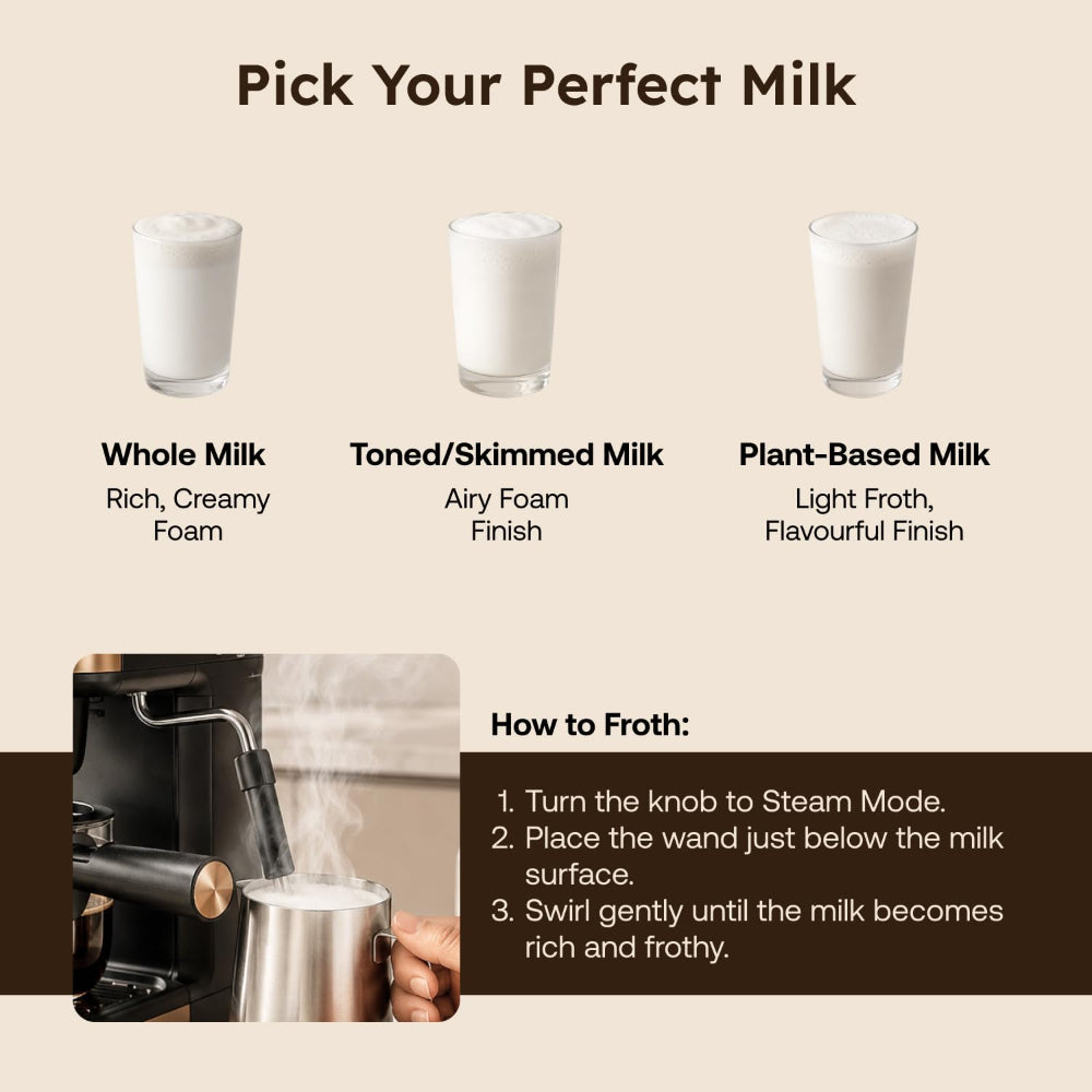 Prestige Espresso 800 Watts Coffee Maker | Detachable Drip Tray | Built-In Milk Frother | Black & Gold