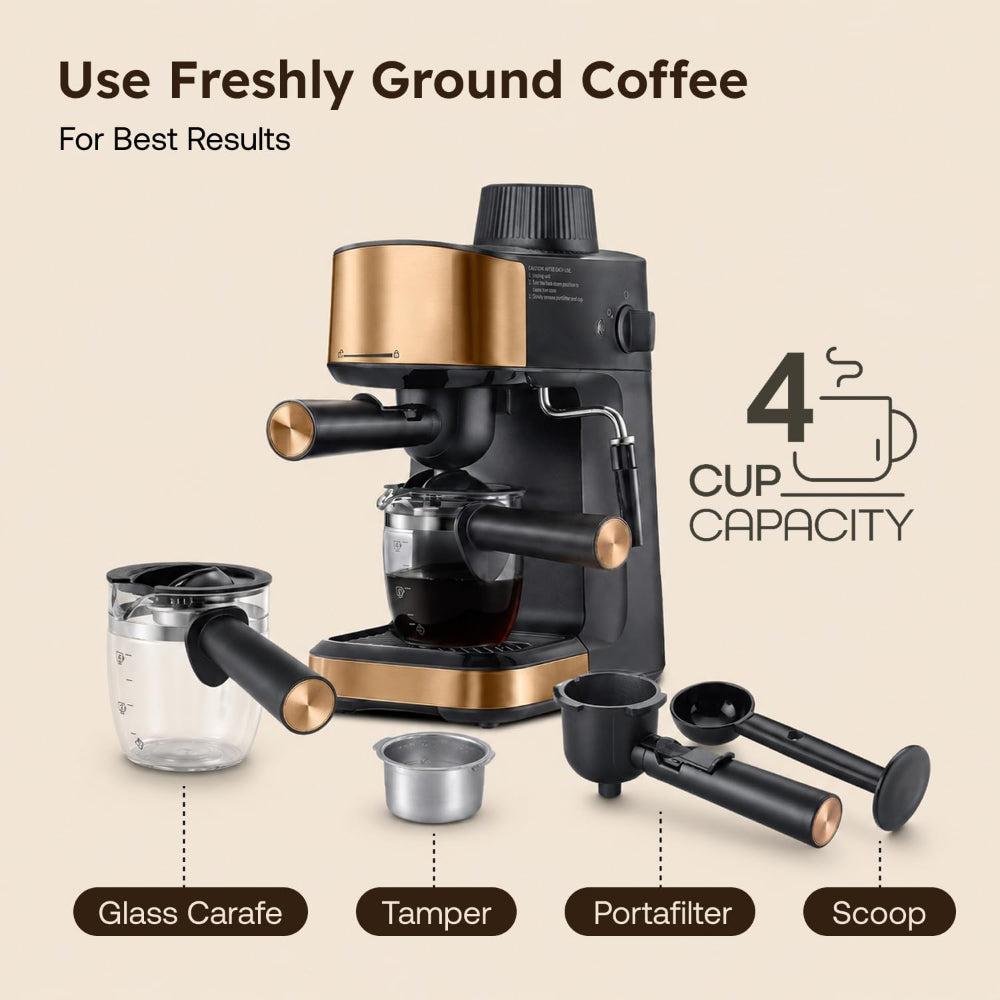 Prestige Espresso 800 Watts Coffee Maker | Detachable Drip Tray | Built-In Milk Frother | Black & Gold
