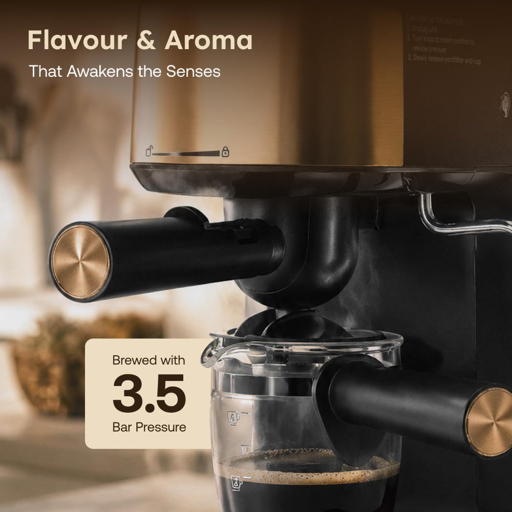 Prestige Espresso 800 Watts Coffee Maker | Detachable Drip Tray | Built-In Milk Frother | Black & Gold