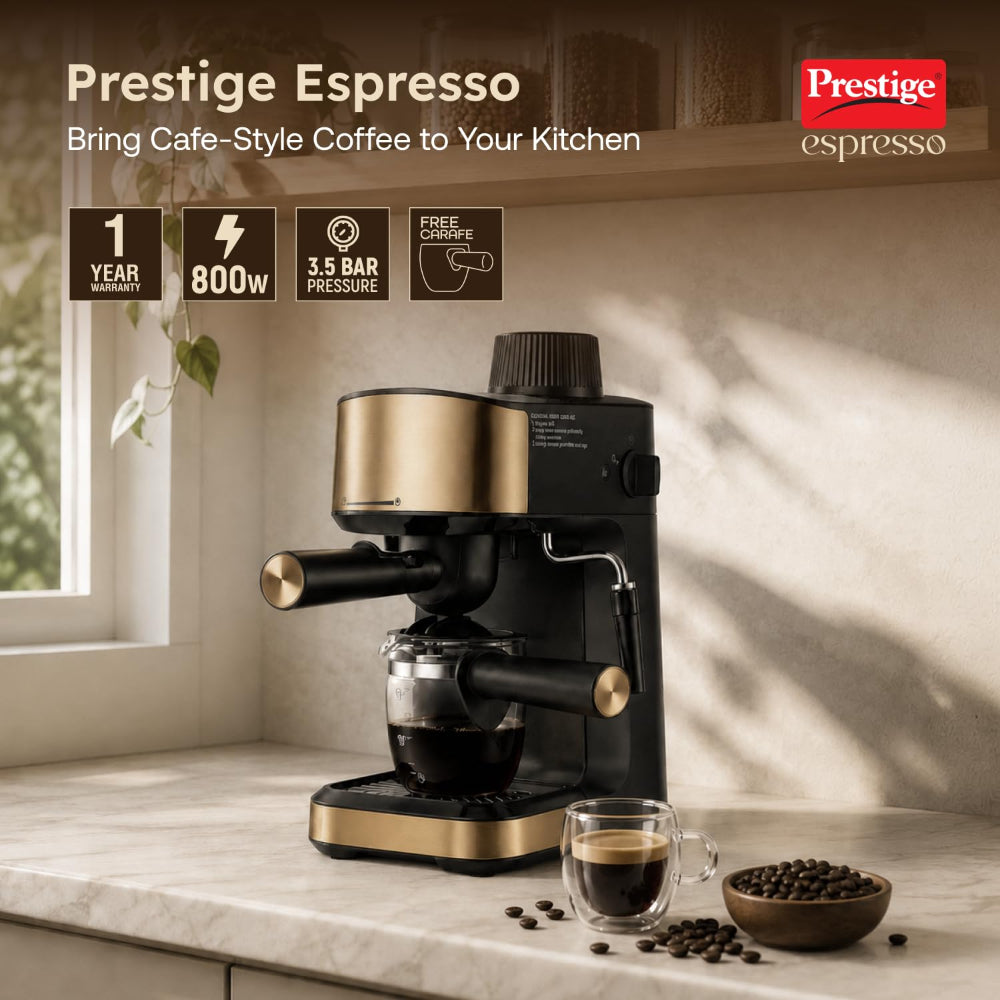 Prestige Espresso 800 Watts Coffee Maker | Detachable Drip Tray | Built-In Milk Frother | Black & Gold