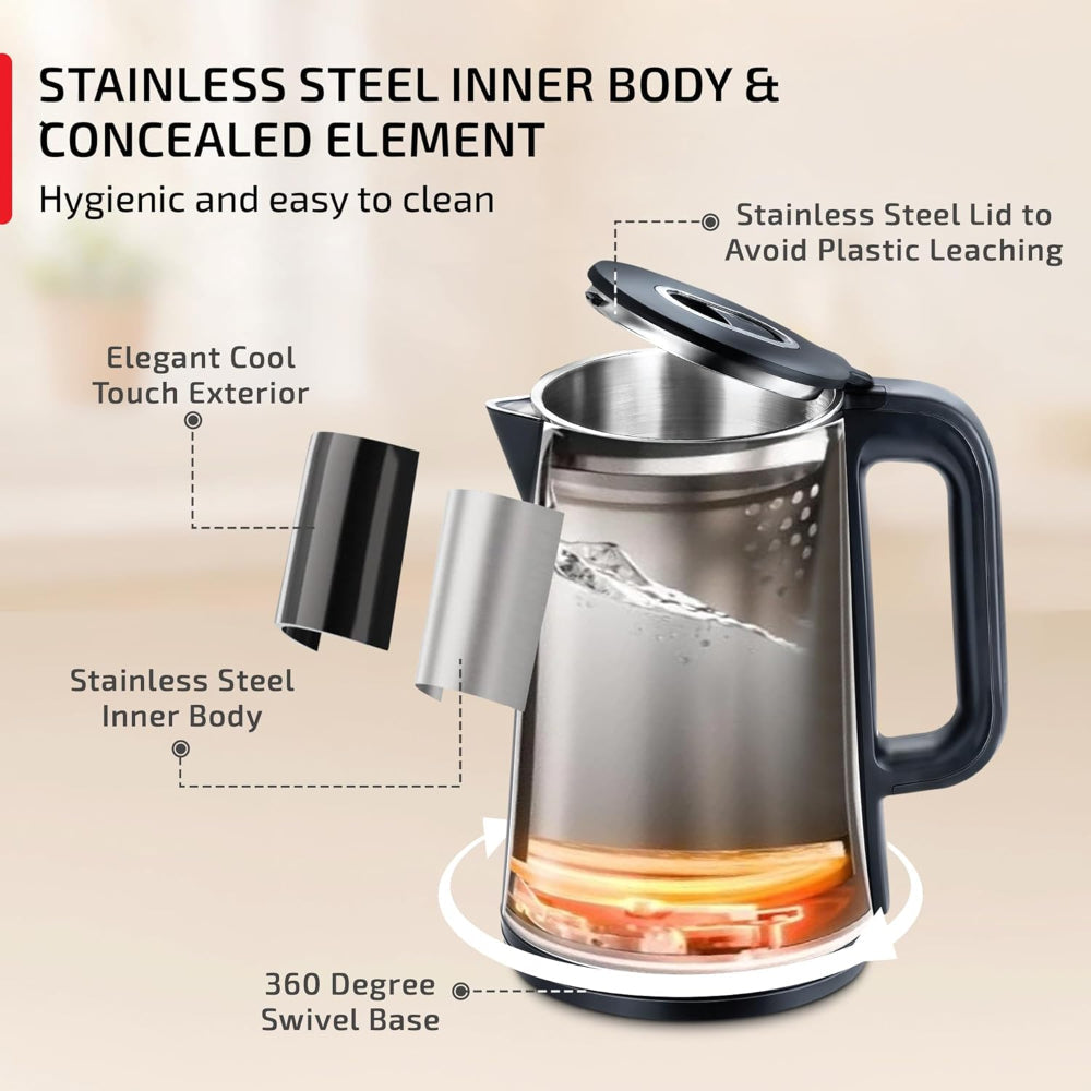 Prestige Stainless Steel Digi 2 Litre 1350 Watts Kettle with 4 Preset Modes | Live Temperature Display | Black