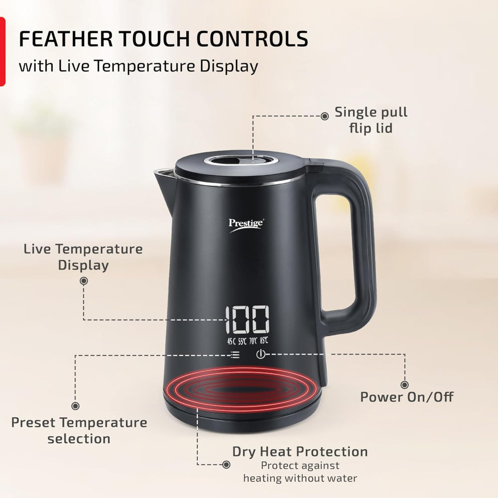 Prestige Stainless Steel Digi 2 Litre 1350 Watts Kettle with 4 Preset Modes | Live Temperature Display | Black