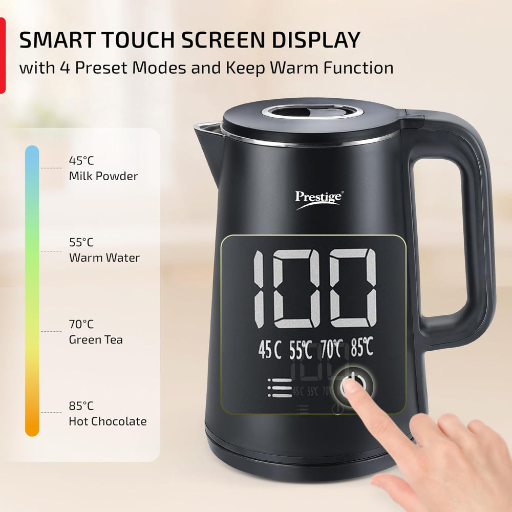 Prestige Stainless Steel Digi 2 Litre 1350 Watts Kettle with 4 Preset Modes | Live Temperature Display | Black