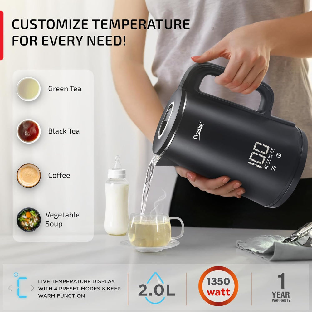 Prestige Stainless Steel Digi 2 Litre 1350 Watts Kettle with 4 Preset Modes | Live Temperature Display | Black