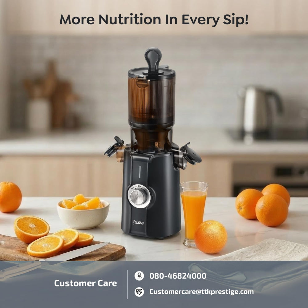 Prestige Natura 200 Watts Cold Press Slow Juicer | 105mm Wide Chute | Interlocking Safety | Reverse Function | Juice and Pulp Collectors | Black
