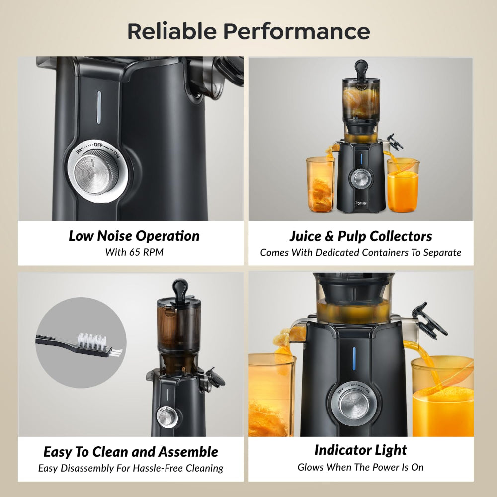 Prestige Natura 200 Watts Cold Press Slow Juicer | 105mm Wide Chute | Interlocking Safety | Reverse Function | Juice and Pulp Collectors | Black