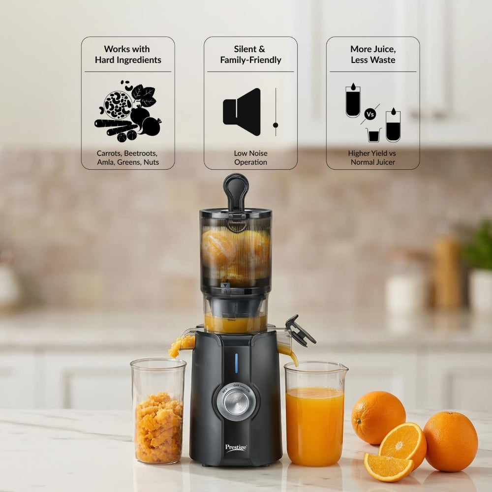 Prestige Natura 200 Watts Cold Press Slow Juicer | 105mm Wide Chute | Interlocking Safety | Reverse Function | Juice and Pulp Collectors | Black