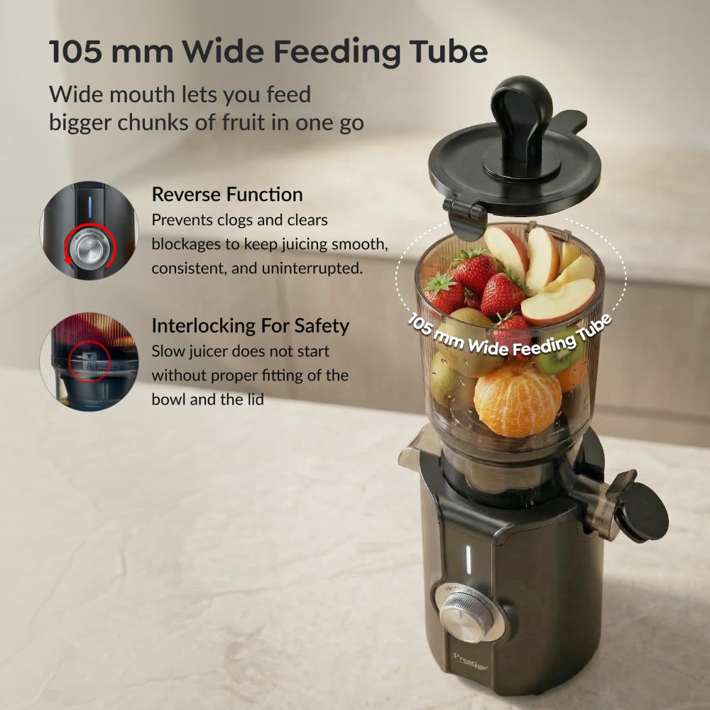 Prestige Natura 200 Watts Cold Press Slow Juicer | 105mm Wide Chute | Interlocking Safety | Reverse Function | Juice and Pulp Collectors | Black