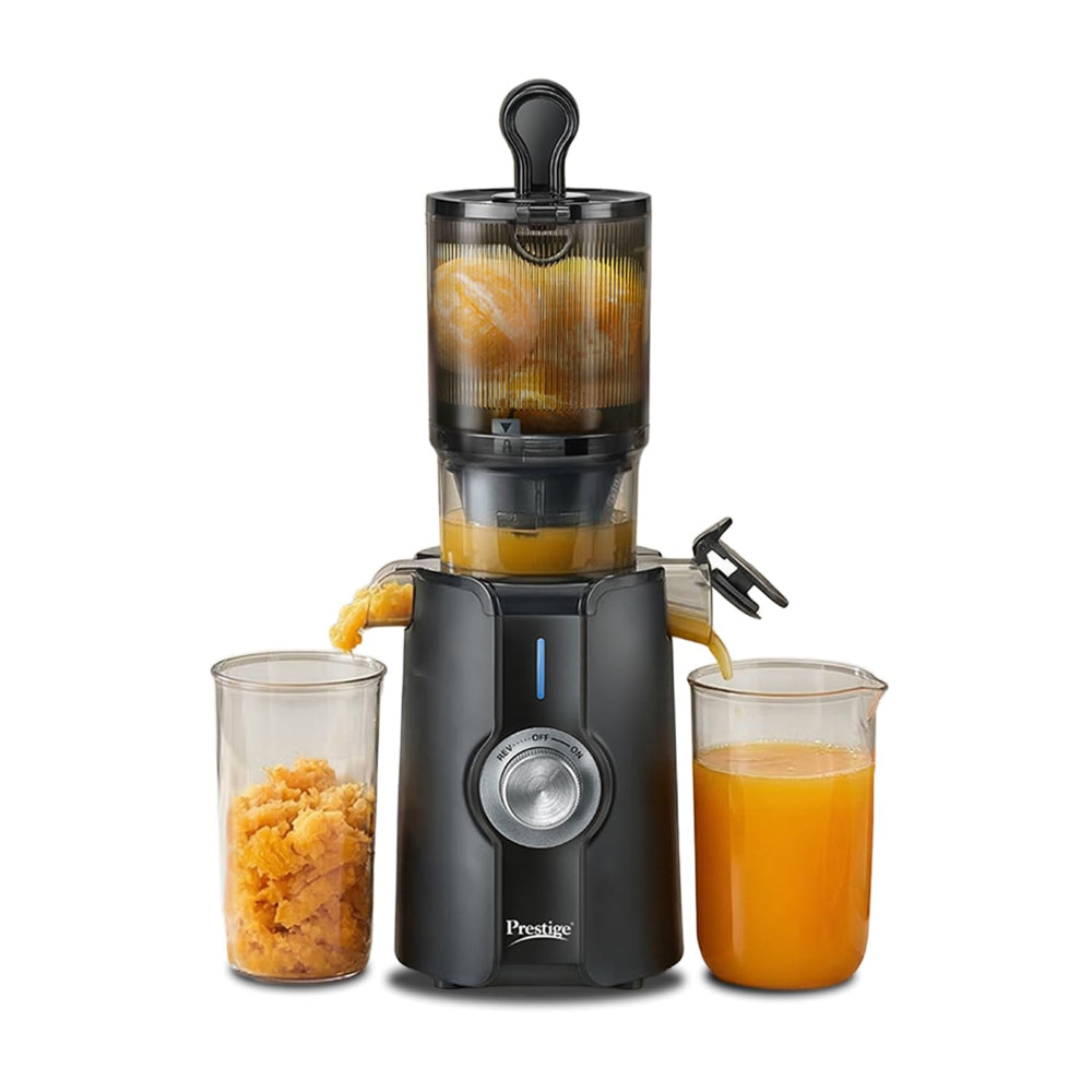 Prestige Natura 200 Watts Cold Press Slow Juicer | 105mm Wide Chute | Interlocking Safety | Reverse Function | Juice and Pulp Collectors | Black